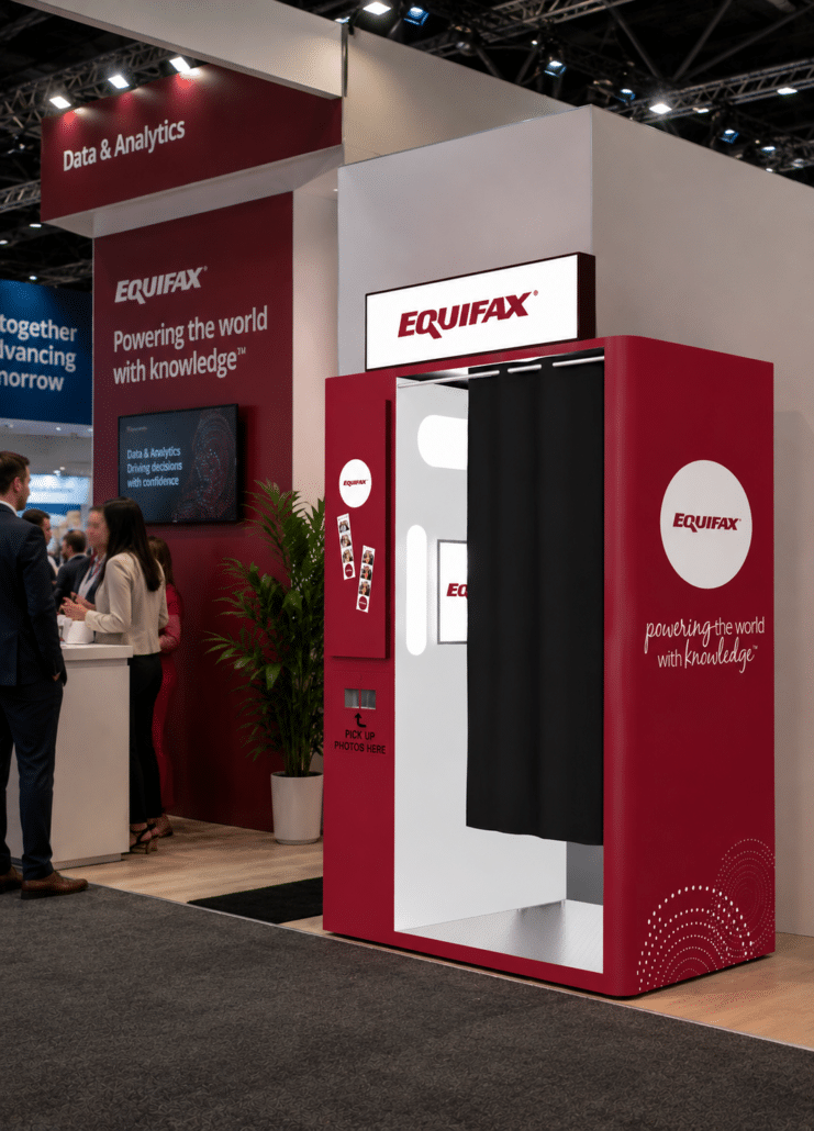 Custom branded enclosed photo booth at conference tradeshow.