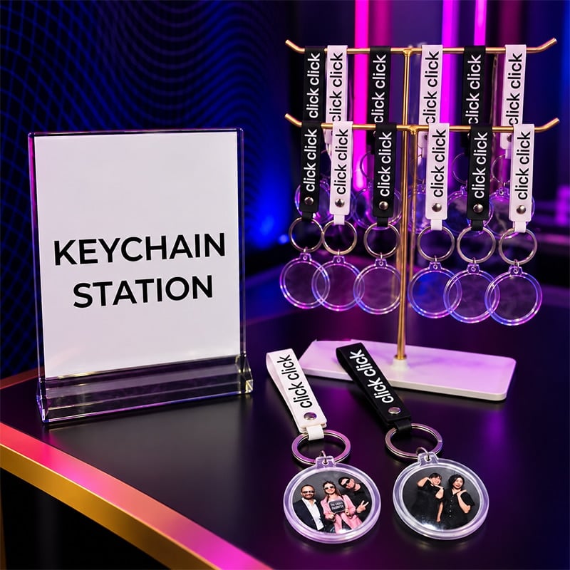 leather branded strap keychain with acrylic photo holder.